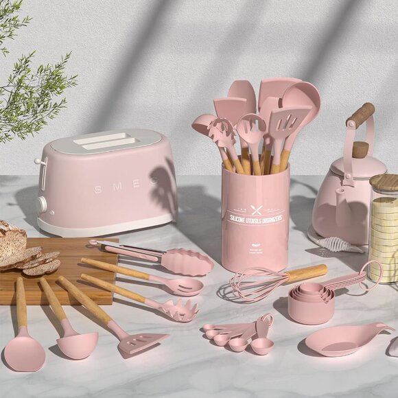 33 pcs Non-Stick Silicone Cooking Kitchen Utensils Spatula Pink Set with Holder - Picture 4 of 9
